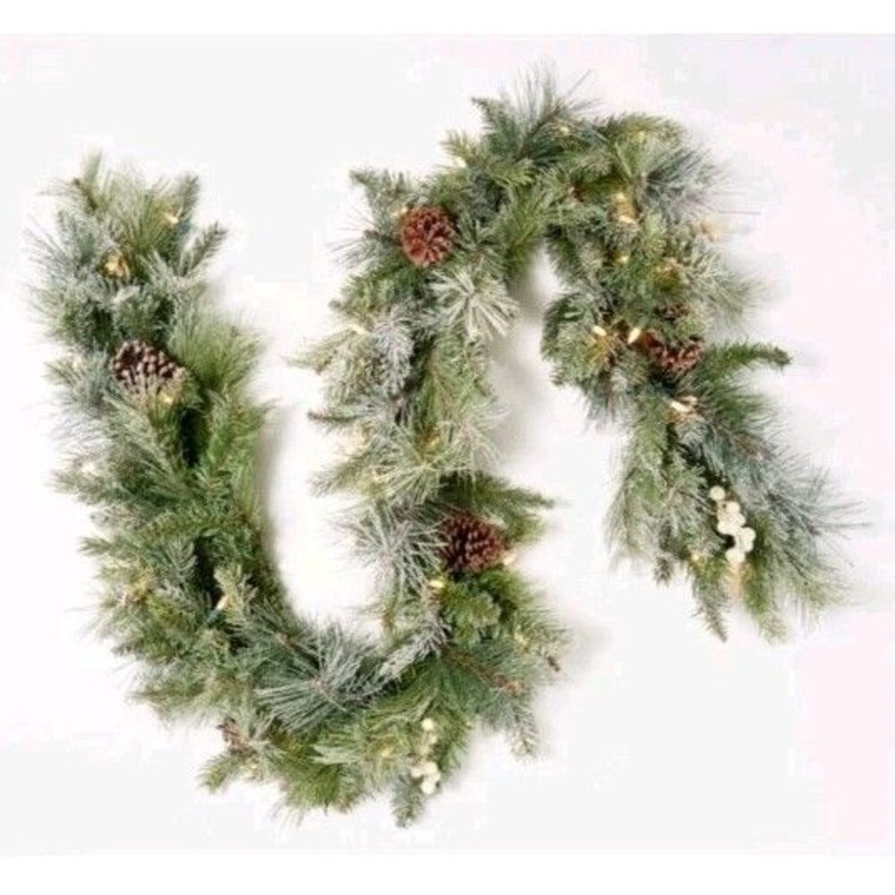 NWT 6' Illuminated Frosted Pine & Berry Garland by Valerie Parr Hill W/ Timer